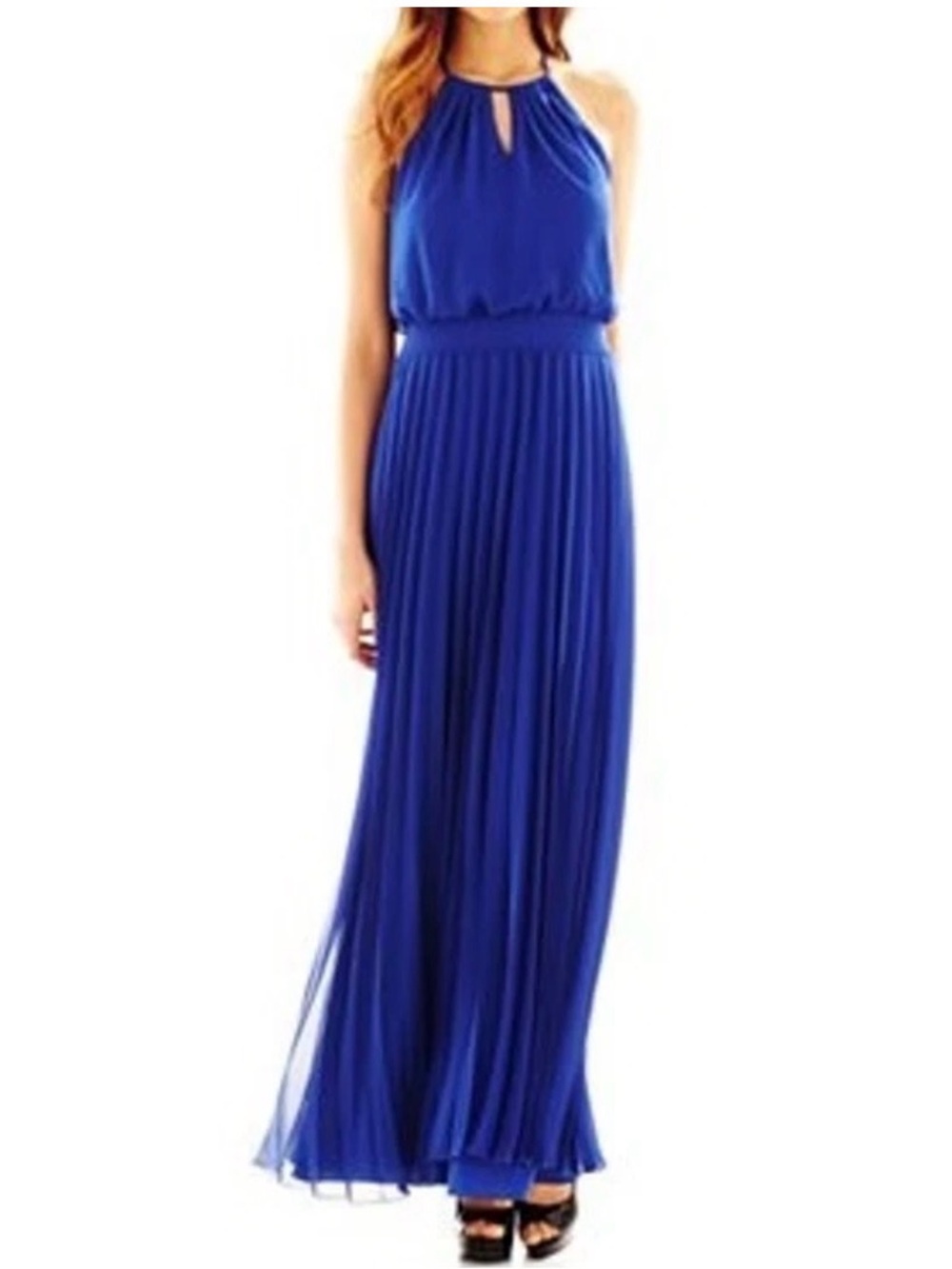 Bisou Bisou Royal Halter Pleated Maxi Dress Keyhole neckline Wedding Formal Sz16